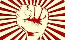 A line drawing of a fist with stripes extending from a single point behind the fist. 